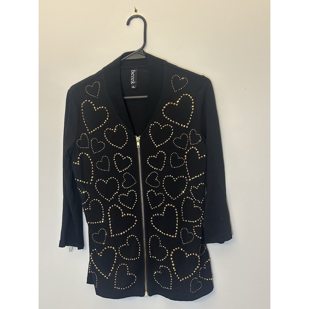Berek Black & Gold Heart Zipper Jacket Long Sleeves Women's Sz Small